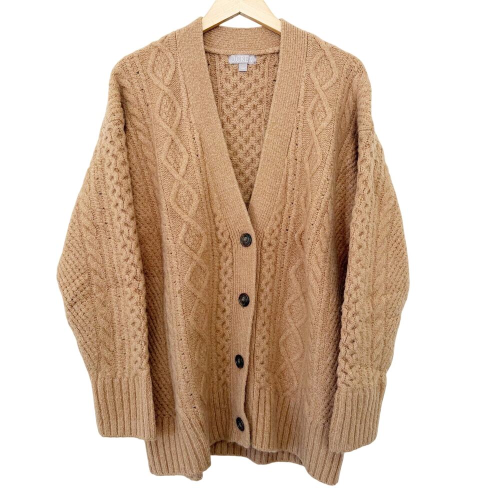 J. Crew Tan Cable Knit Stretch Cardigan Sweater Sz L